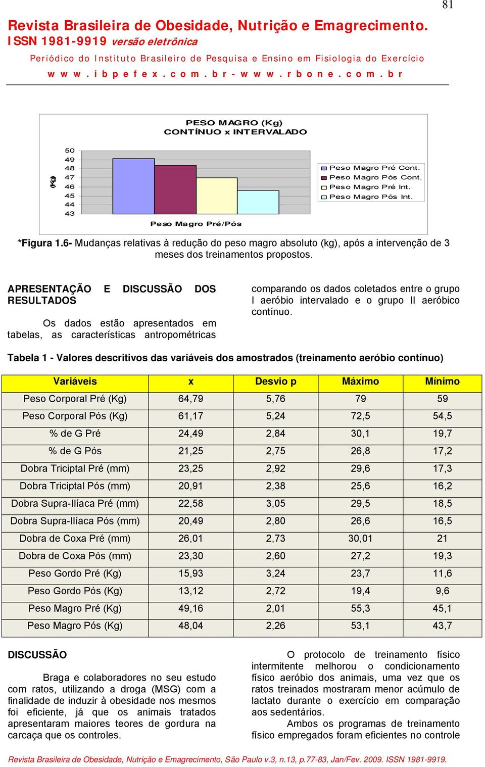 APRESENTAÇÃO E DISCUSSÃO DOS RESULTADOS Os dados estão apresentados em tabelas, as características antropométricas comparando os dados coletados entre o grupo I aeróbio intervalado e o grupo II