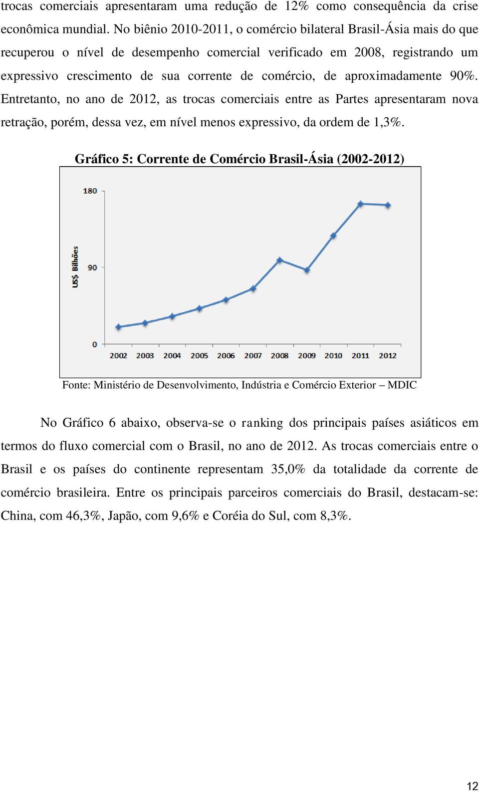 aproximadamente 90%. Entretanto, no ano de 2012, as trocas comerciais entre as Partes apresentaram nova retração, porém, dessa vez, em nível menos expressivo, da ordem de 1,3%.