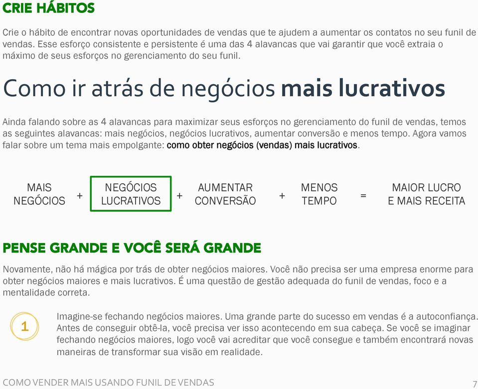 Como ir atrás de negócios mais lucrativos Ainda falando sobre as 4 alavancas para maximizar seus esforços no gerenciamento do funil de vendas, temos as seguintes alavancas: mais negócios, negócios