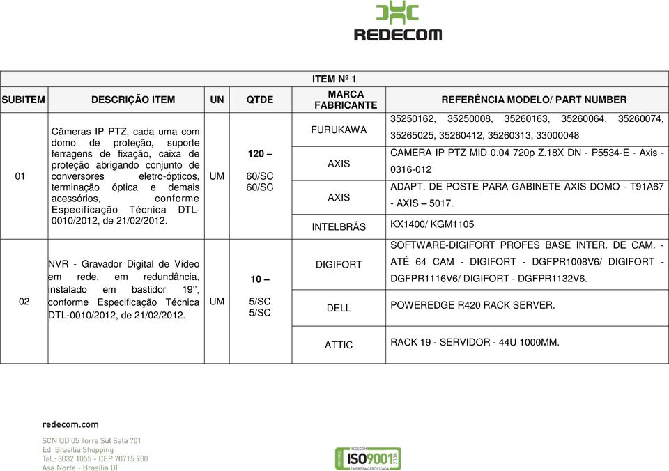 NVR - Gravador Digital de Vídeo em rede, em redundância, instalado em bastidor 19, conforme Especificação Técnica DTL-0010/2012, de 21/02/2012.