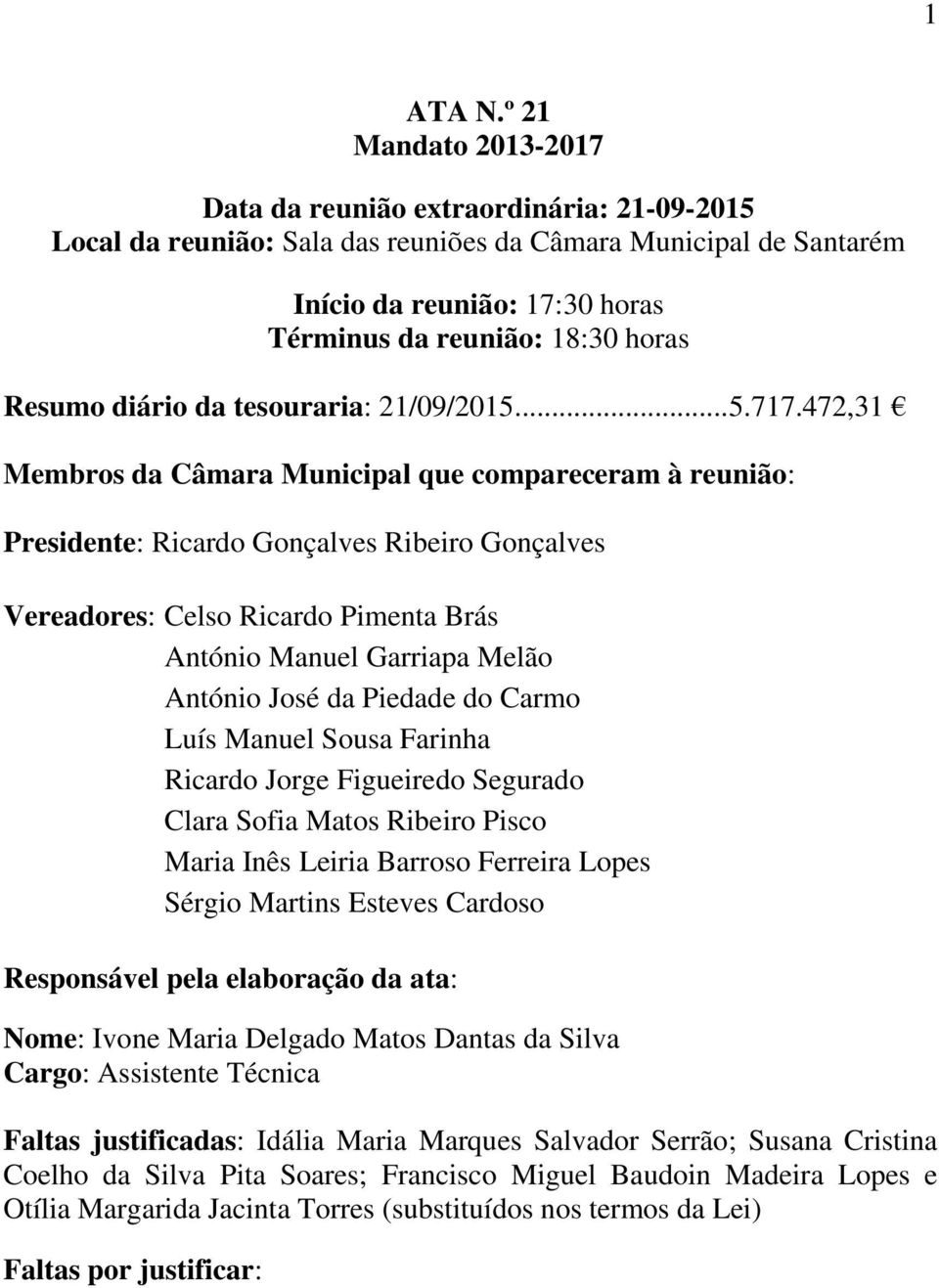 472,31 Membros da Câmara Municipal que compareceram à reunião: Presidente: Ricardo Gonçalves Ribeiro Gonçalves Vereadores: Celso Ricardo Pimenta Brás António Manuel Garriapa Melão António José da