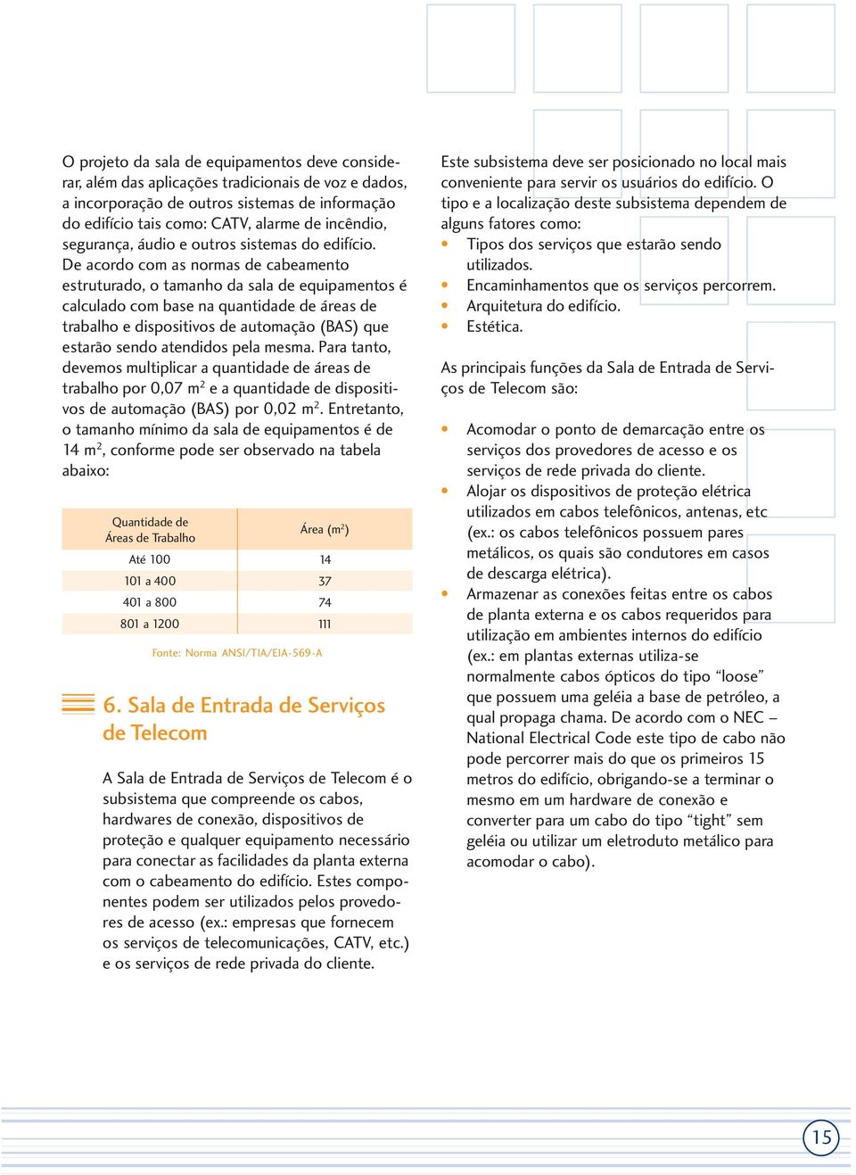 De acordo com as normas de cabeamento estruturado, o tamanho da sala de equipamentos é calculado com base na quantidade de áreas de trabalho e dispositivos de automação (BAS) que estarão sendo