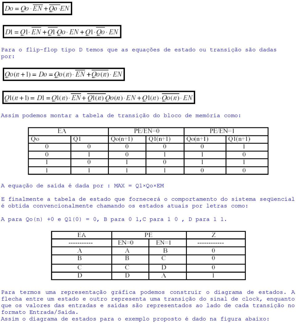 0, B para 0 1,C para 1 0, D para 1 1. Para termos uma representação gráfica podemos construir o diagrama de estados.