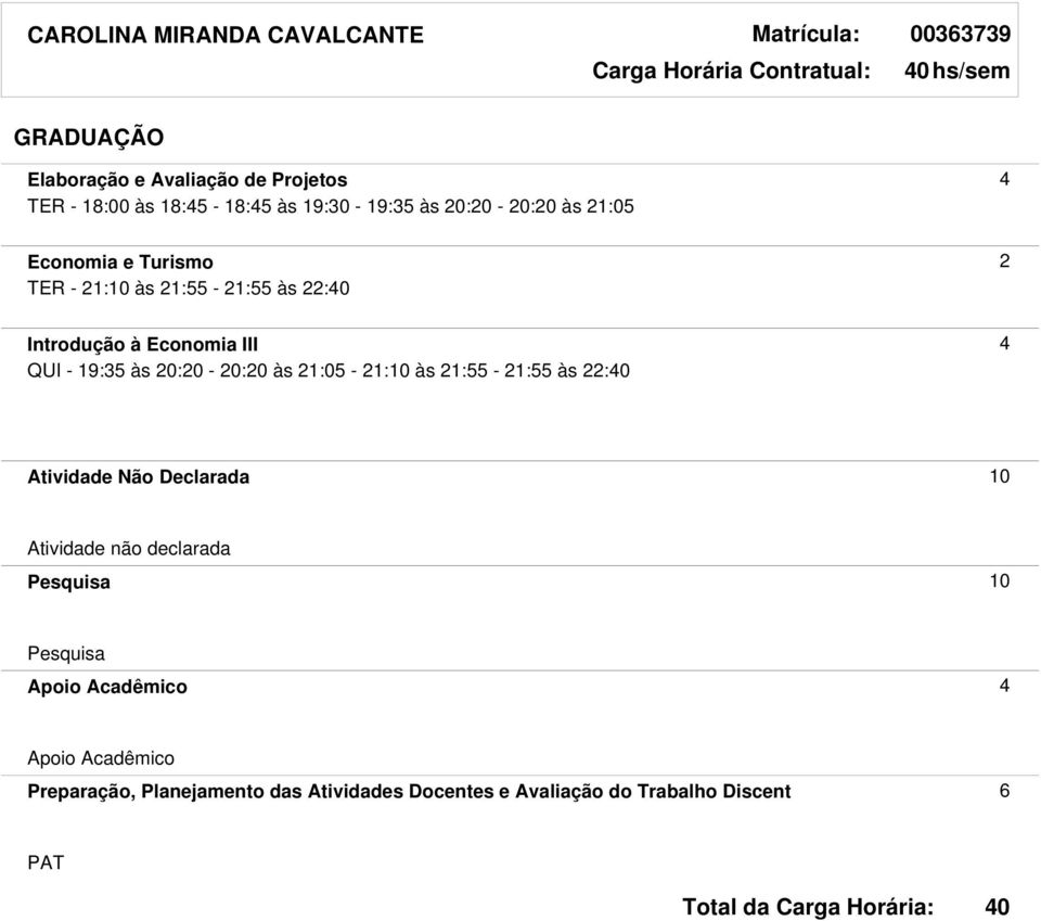 à Economia III 4 QUI - 19:35 às 20:20-20:20 às 21:05-21:10 às 21:55-21:55 às 22: Atividade Não Declarada 10 Atividade não