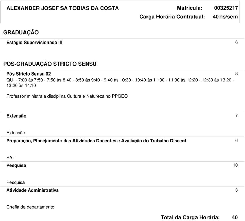 12:20-12:30 às 13:20-13:20 às 14:10 Professor ministra a disciplina Cultura e Natureza no PPGEO Extensão 7 Extensão