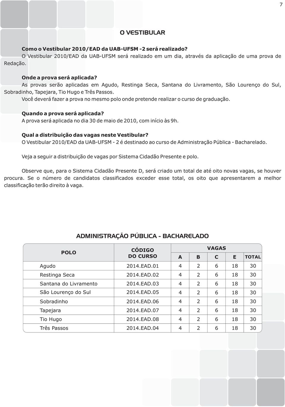 As provas serão aplicadas em Agudo, Restinga Seca, Santana do Livramento, São Lourenço do Sul, Sobradinho, Tapejara, Tio Hugo e Três Passos.