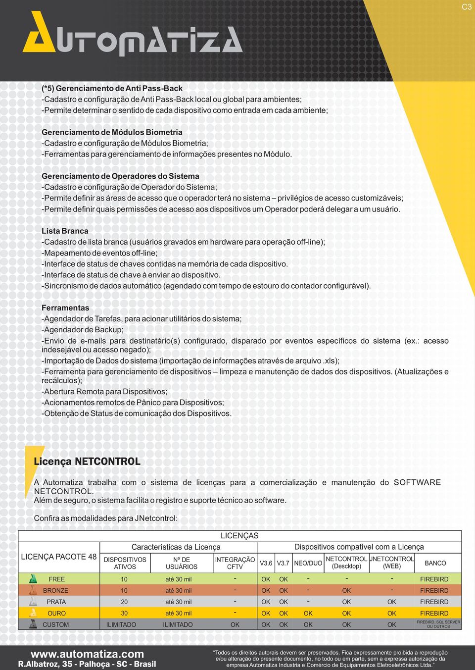 Gerenciamento de Operadores do Sistema Cadastro e configuração de Operador do Sistema; Permite definir as áreas de acesso que o operador terá no sistema privilégios de acesso customizáveis; Permite