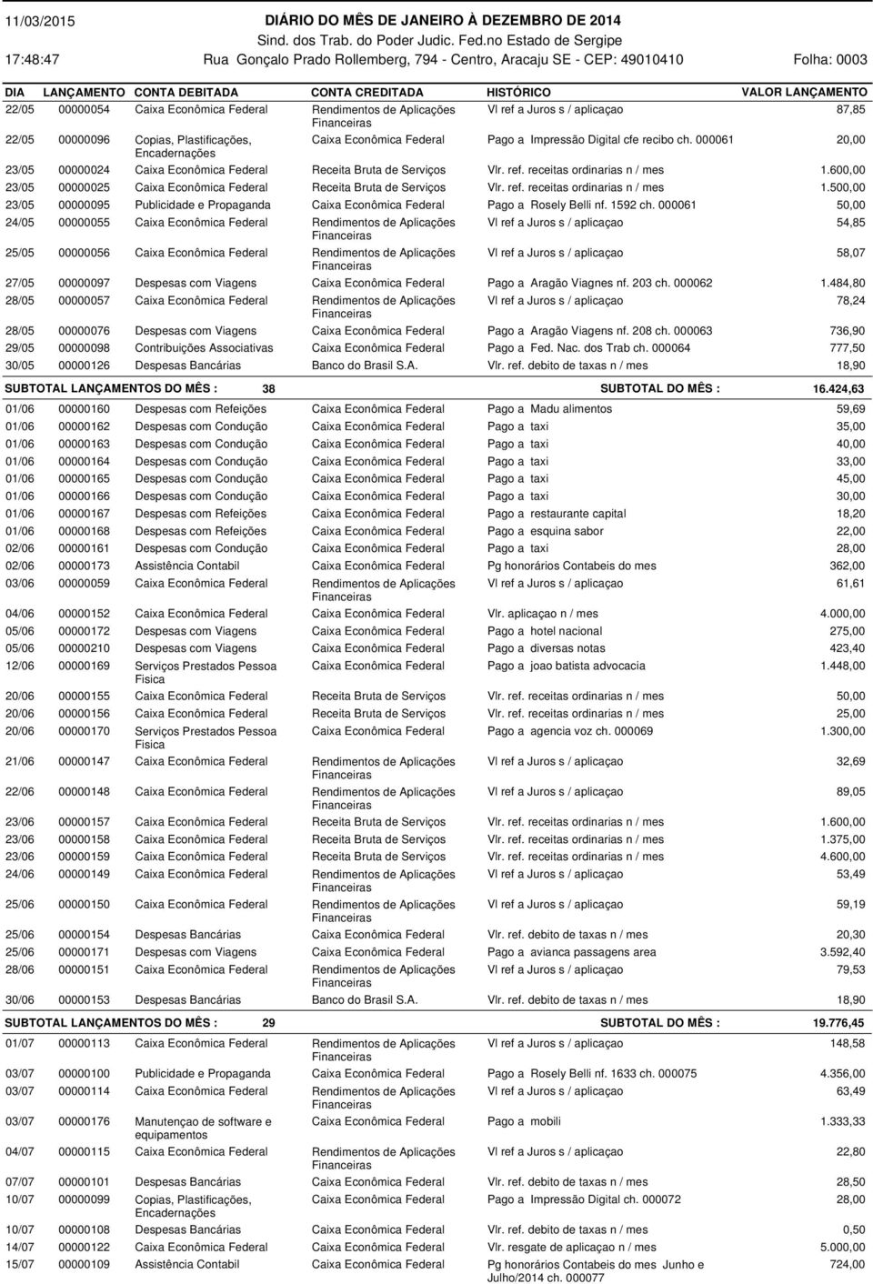 23/05 00000095 Publicidade e Propaganda Caixa Econômica Federal Pago a Rosely Belli nf. 1592 ch.