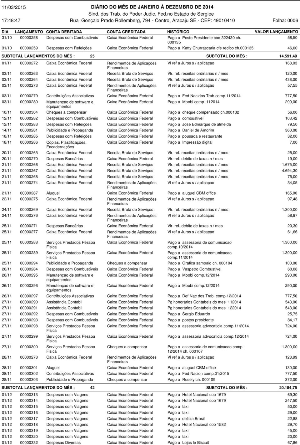 591,49 01/11 00000272 Caixa Econômica Federal Rendimentos de Aplicações 168,03 03/11 00000263 Caixa Econômica Federal Receita Bruta de Serviços Vlr. ref.