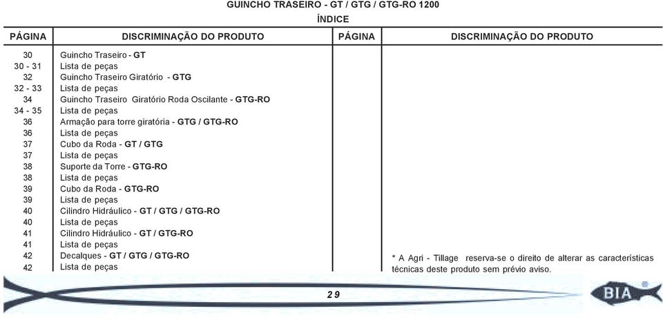 GTG-RO Cubo da Roda - GT / GTG Suporte da Torre - GTG-RO Cubo da Roda - GTG-RO Cilindro Hidráulico - GT / GTG / GTG-RO Cilindro Hidráulico - GT /