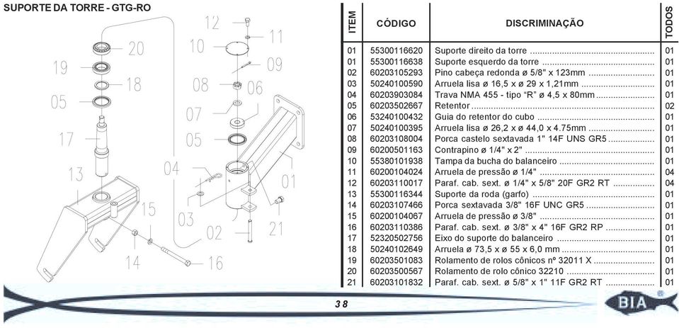 .. Guia do retentor do cubo... Arruela lisa ø 26,2 x ø 44,0 x 4.75mm... Porca castelo sextavada 1" 14F UNS GR5... Contrapino ø 1/4" x 2"... Tampa da bucha do balanceiro... Arruela de pressão ø 1/4".