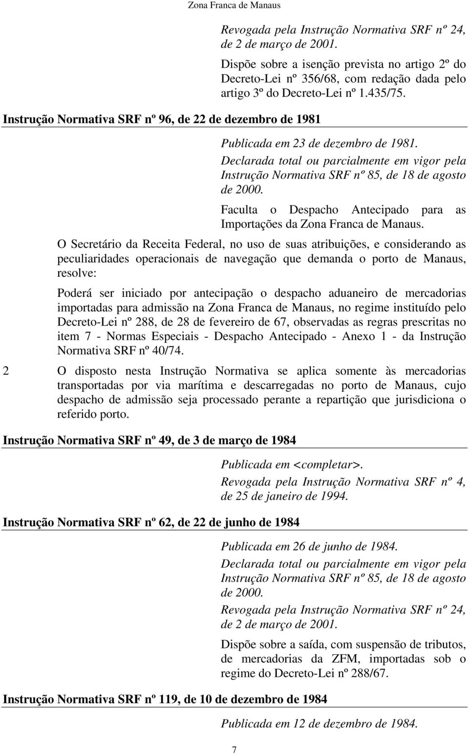 Declarada total ou parcialmente em vigor pela nstrução Normativa SRF nº 85, de 18 de agosto de 2000. Faculta o Despacho Antecipado para as mportações da Zona Franca de Manaus.