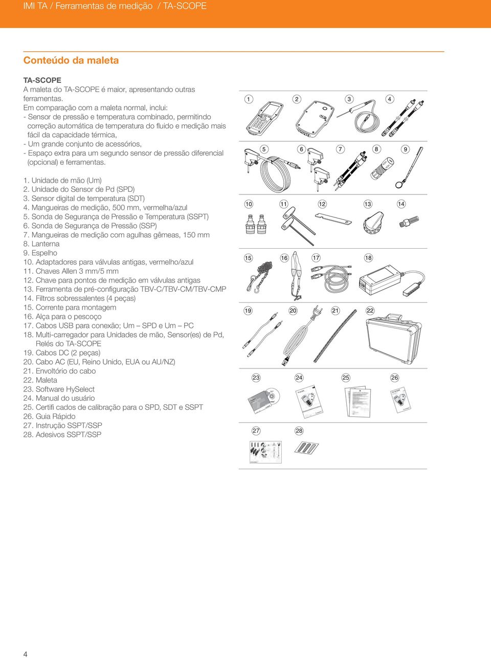 grande conjunto de acessórios, - Espaço extra para um segundo sensor de pressão diferencial (opcional) e ferramentas. 1. Unidade de mão (Um) 2. Unidade do Sensor de Pd (SPD) 3.