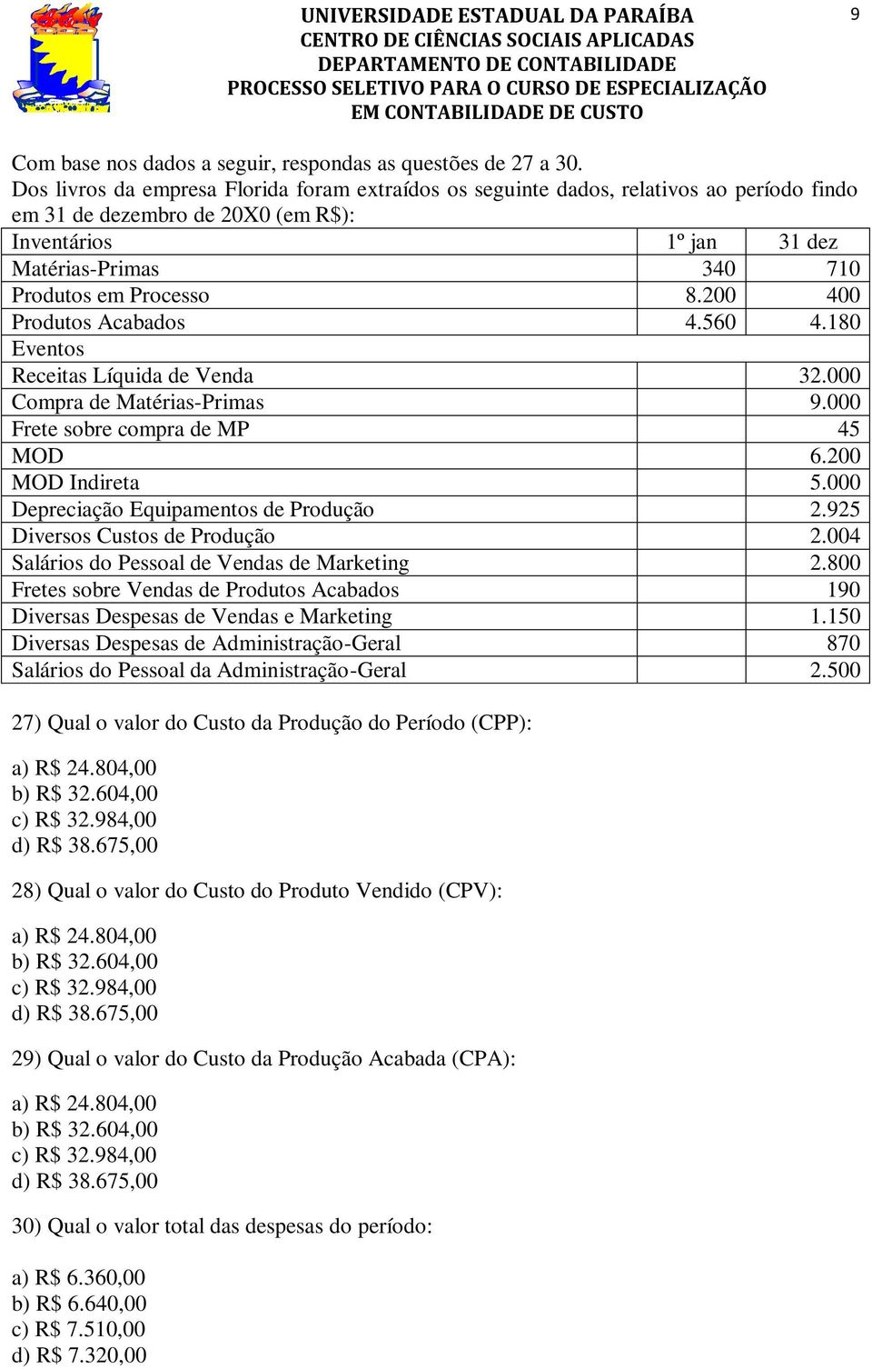 200 400 Produtos Acabados 4.560 4.180 Eventos Receitas Líquida de Venda 32.000 Compra de Matérias-Primas 9.000 Frete sobre compra de MP 45 MOD 6.200 MOD Indireta 5.