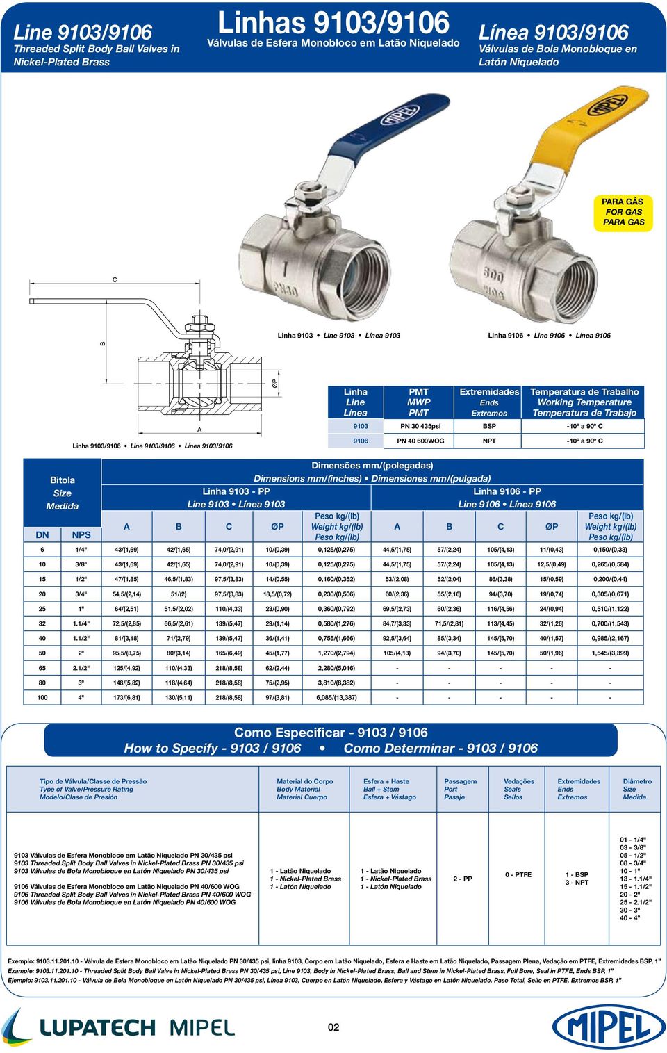 435psi BSP -10º a 90º C Linha 9103/9106 Line 9103/9106 Línea 9103/9106 9106 PN 40 600WOG NPT -10º a 90º C Bitola Linha 9103 - PP Line 9103 Línea 9103 A B C ØP Linha 9106 - PP Line 9106 Línea 9106 A B