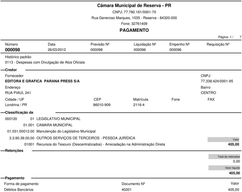 padrão 0113 - Despesas com Divulgação de Atos Oficiais EDITORA E GRAFICA