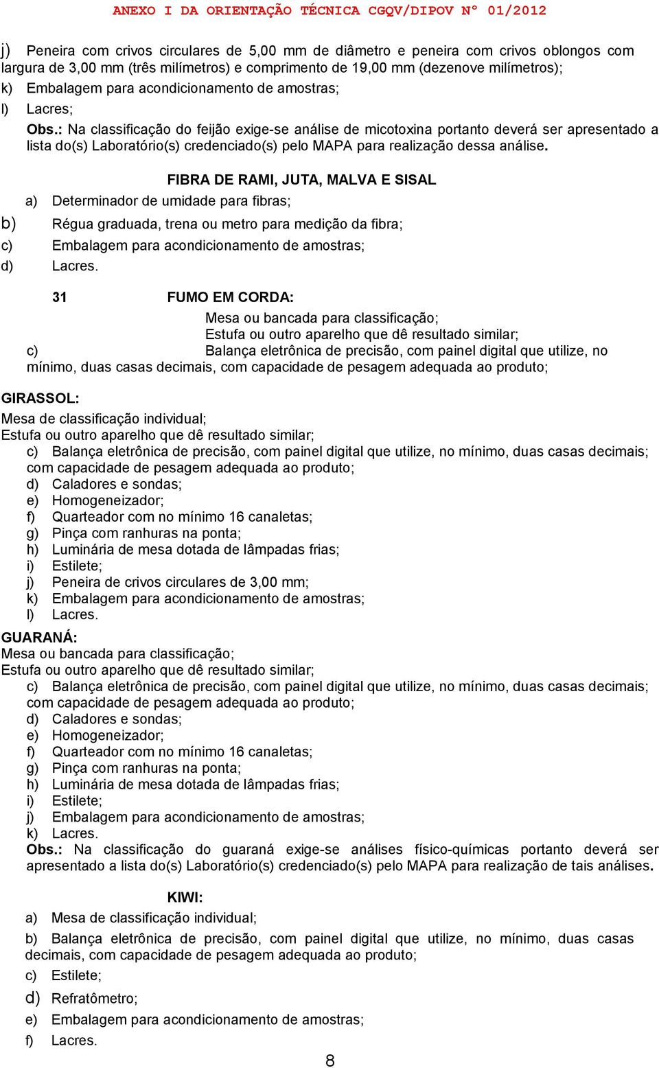 FIBRA DE RAMI, JUTA, MALVA E SISAL a) Determinador de umidade para fibras; b) Régua graduada, trena ou metro para medição da fibra; c) Embalagem para acondicionamento de amostras; d) Lacres.