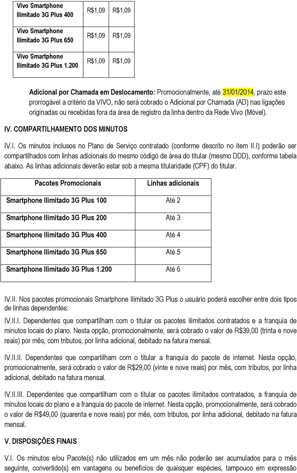 recebidas fora da área de registro da linha dentro da Rede Vivo (Móvel). IV. COMPARTILHAMENTO DOS MINUTOS IV.I. Os minutos inclusos no Plano de Serviço contratado (conforme descrito no item II.