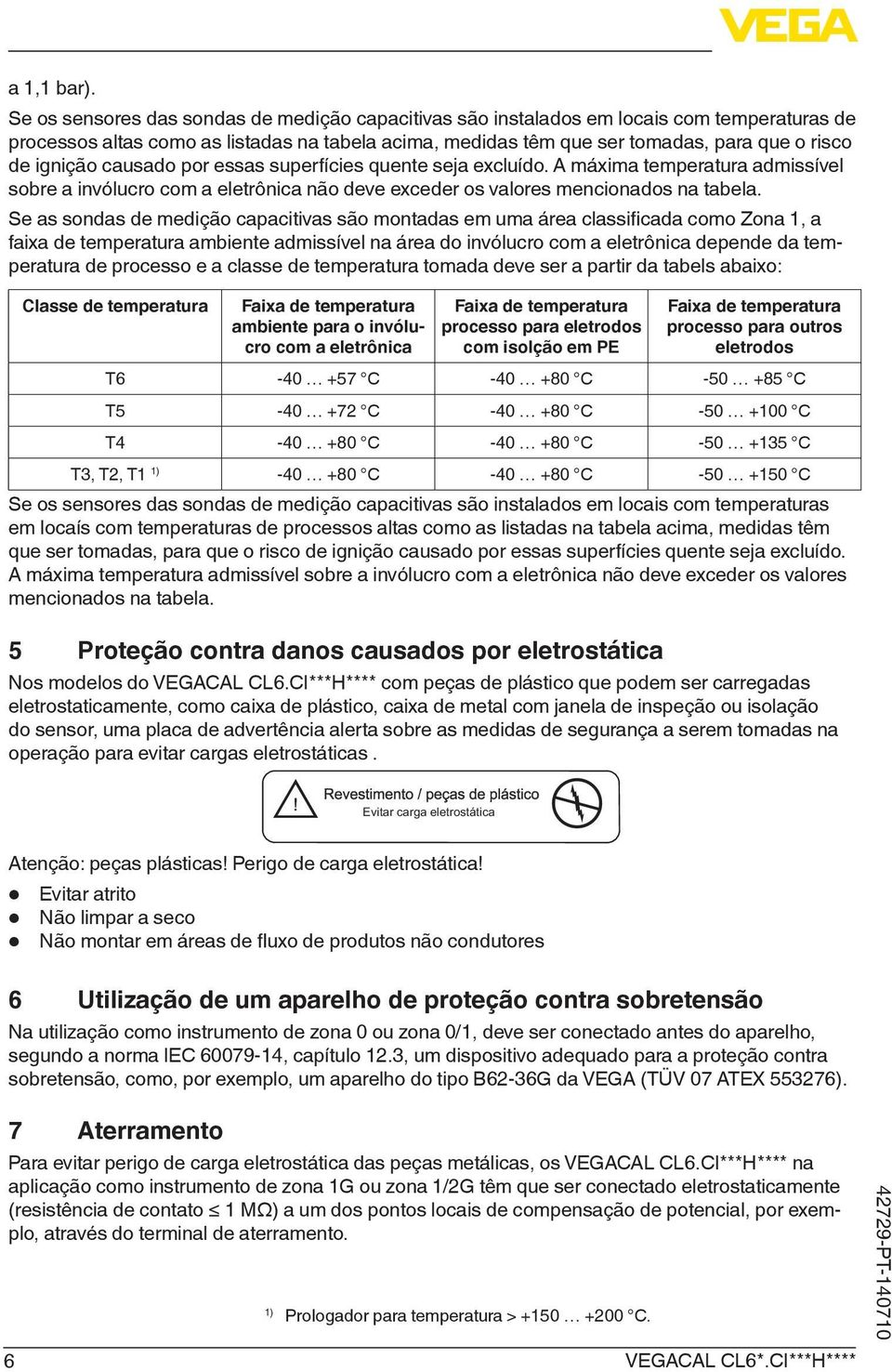 ignição causado por essas superfícies quente seja excluído. A máxima temperatura admissível sobre a invólucro com a eletrônica não deve exceder os valores mencionados na tabela.