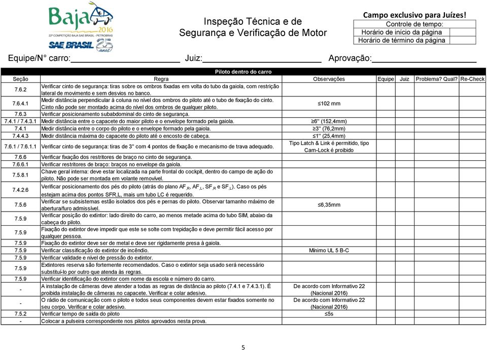 3 Verificar posicionamento subabdominal do cinto de segurança. 7.4.1 / 7.4.3.1 Medir distância entre o capacete do maior piloto e o envelope formado pela gaiola. 6'' (152,4mm) 7.4.1 Medir distância entre o corpo do piloto e o envelope formado pela gaiola.