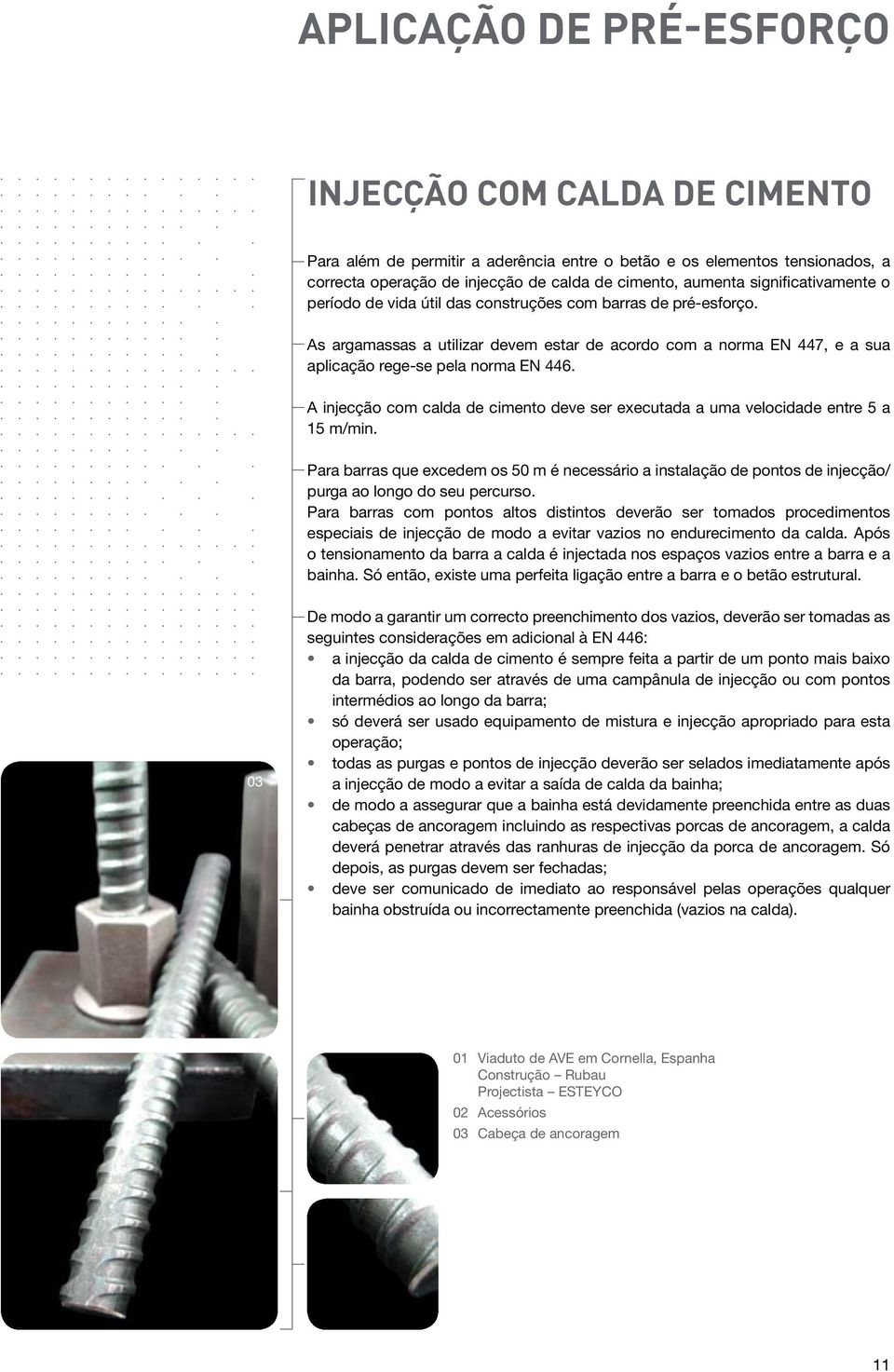 A injecção com calda de cimento deve ser executada a uma velocidade entre 5 a 15 m/min. Para barras que excedem os 50 m é necessário a instalação de pontos de injecção/ purga ao longo do seu percurso.