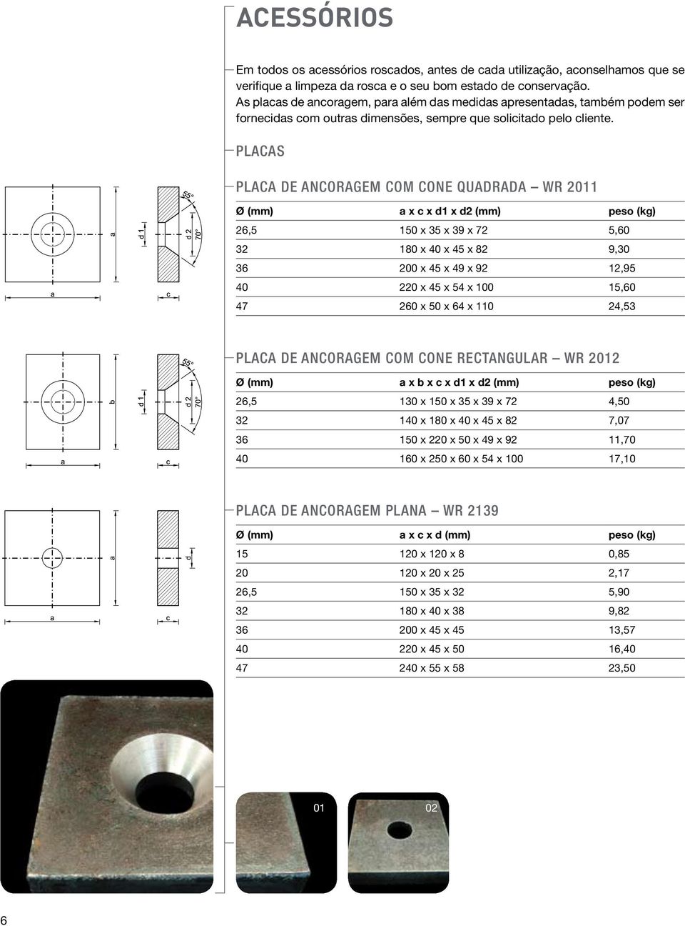 PLACAS PLACA DE ANCORAGEM COM CONE QUADRADA WR 2011 Ø (mm) a x c x d1 x d2 (mm) peso (kg) 26,5 150 x 35 x 39 x 72 5,60 32 180 x 40 x 45 x 82 9,30 36 200 x 45 x 49 x 92 12,95 40 220 x 45 x 54 x 100