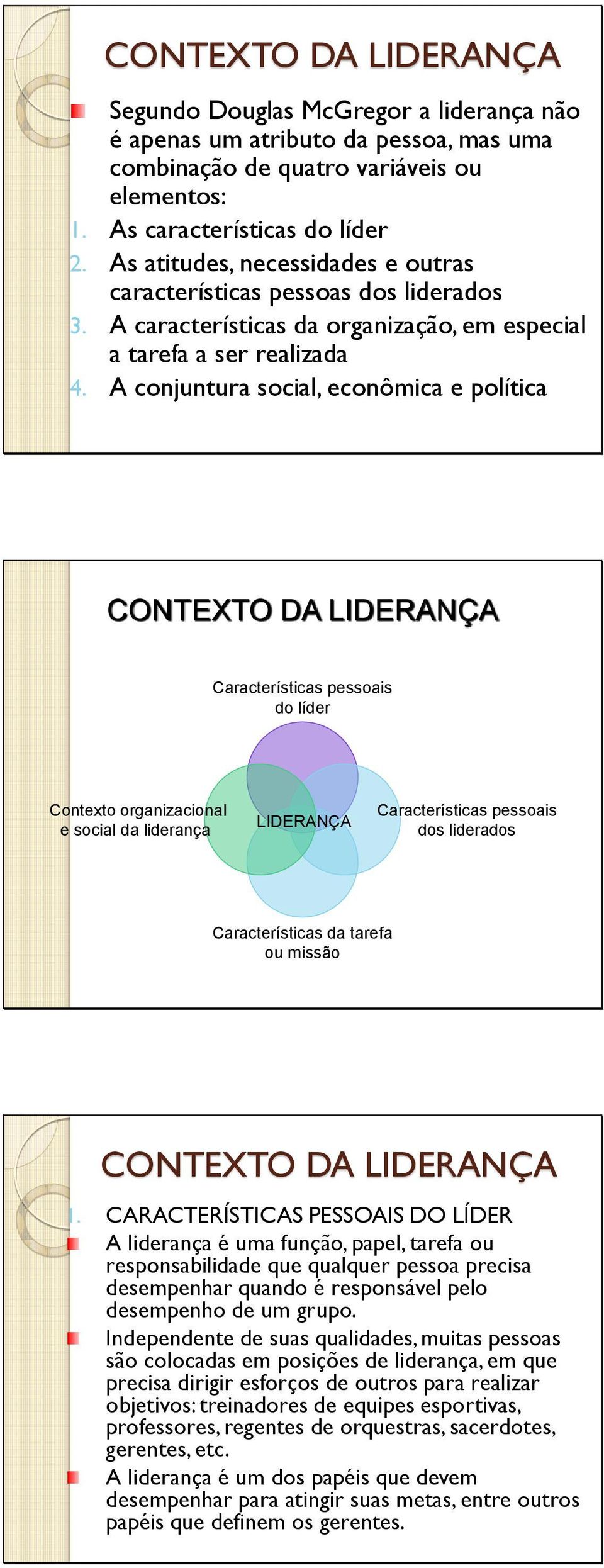 A conjuntura social, econômica e política CONTEXTO DA LIDERANÇA Características pessoais do líder Contexto organizacional e social da liderança LIDERANÇA Características pessoais dos liderados