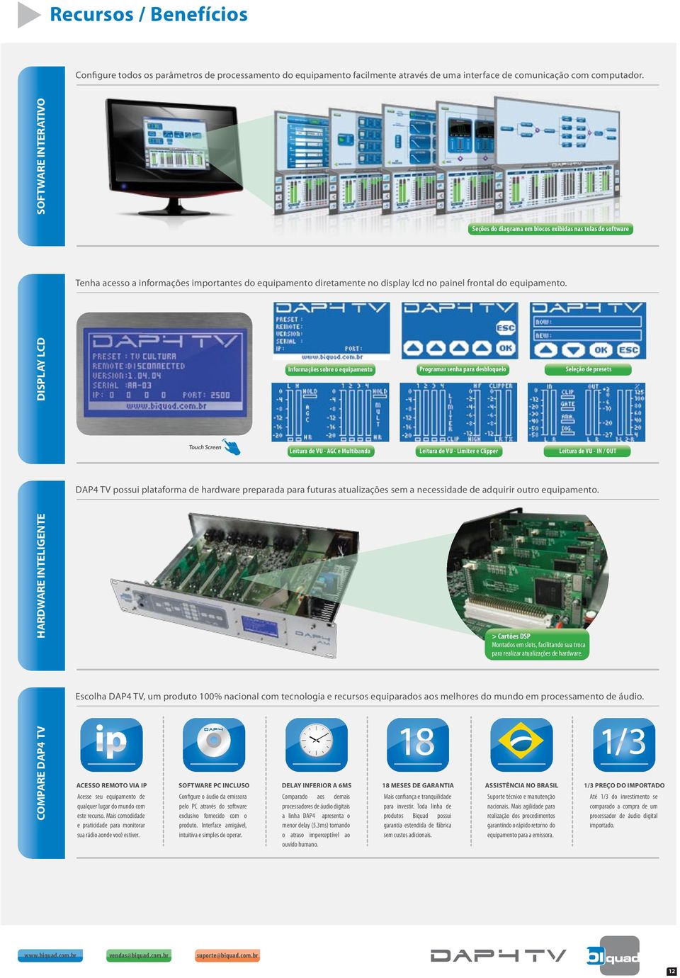 DISPLAY LCD Informações sobre o equipamento Programar senha para desbloqueio Seleção de presets Touch Screen Leitura de VU - AGC e Multibanda Leitura de VU - Limiter e Clipper Leitura de VU - IN /