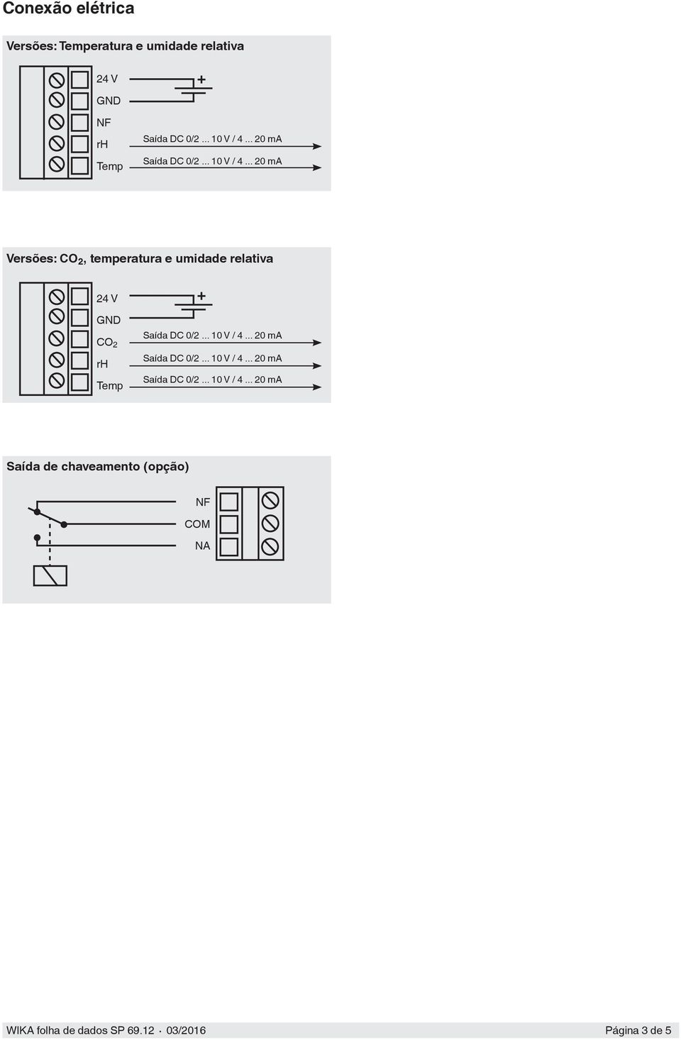 relativa 24 V GND CO 2 rh Temp Saída de chaveamento