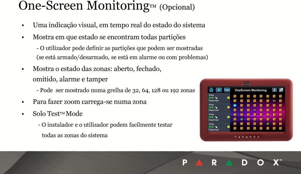 problemas) Mostra o estado das zonas: aberto, fechado, omitido, alarme e tamper - Pode ser mostrado numa grelha de 32, 64, 128 ou 192