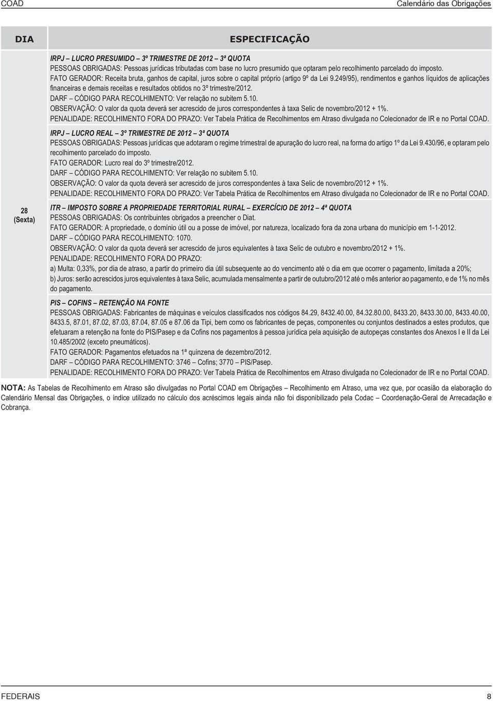 249/95), rendimentos e ganhos líquidos de aplicações financeiras e demais receitas e resultados obtidos no 3º trimestre/2012.