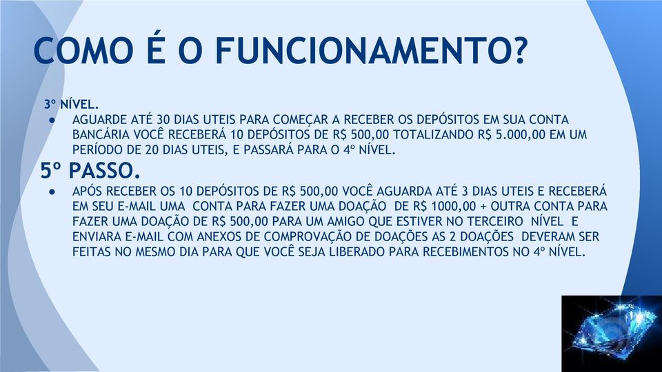 000,00 EM UM PERÍODO DE 20 DIAS UTEIS, E PASSARÁ PARA O 4º NÍVEL. 5º PASSO.