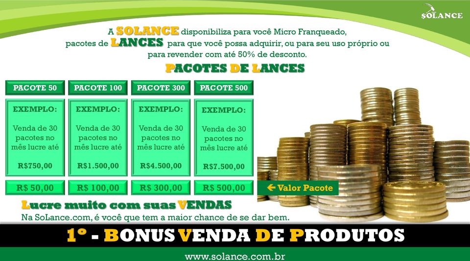 PACOTES DE LANCES PACOTE 50 PACOTE 100 PACOTE 300 PACOTE 500 EXEMPLO: EXEMPLO: EXEMPLO: EXEMPLO: Venda de 30 pacotes no mês lucre até Venda de 30 pacotes