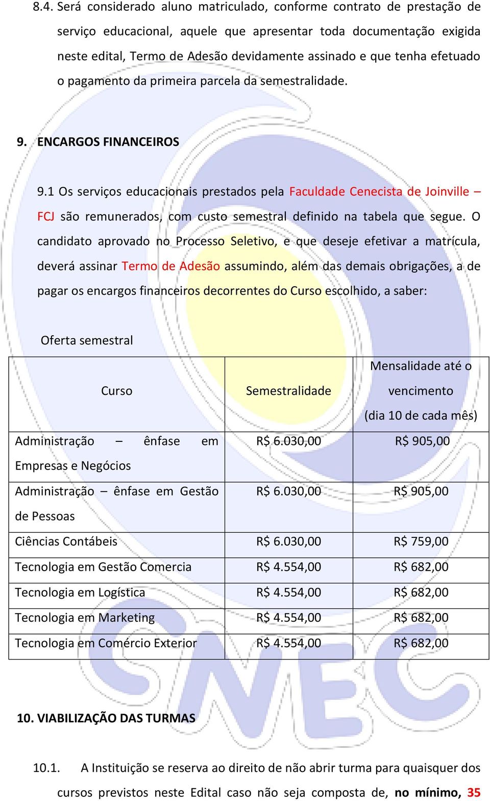 1 Os serviços educacionais prestados pela Faculdade Cenecista de Joinville FCJ são remunerados, com custo semestral definido na tabela que segue.