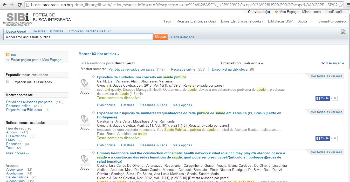 USP Busca integrada O filtro Recursos online, mostra