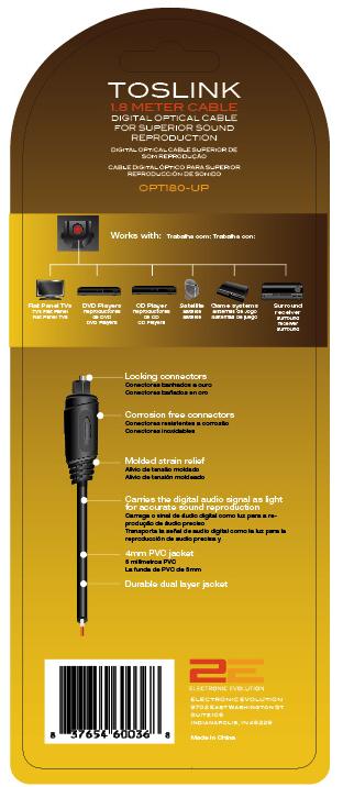 Linha Upgrade Cabo Ótico Digital OPT180-UP Transmite sinais de áudio digital entre conexões Toslink : TV digital DVD Player CD Player Satélite Game Receiver Multicanal Terminais: 1