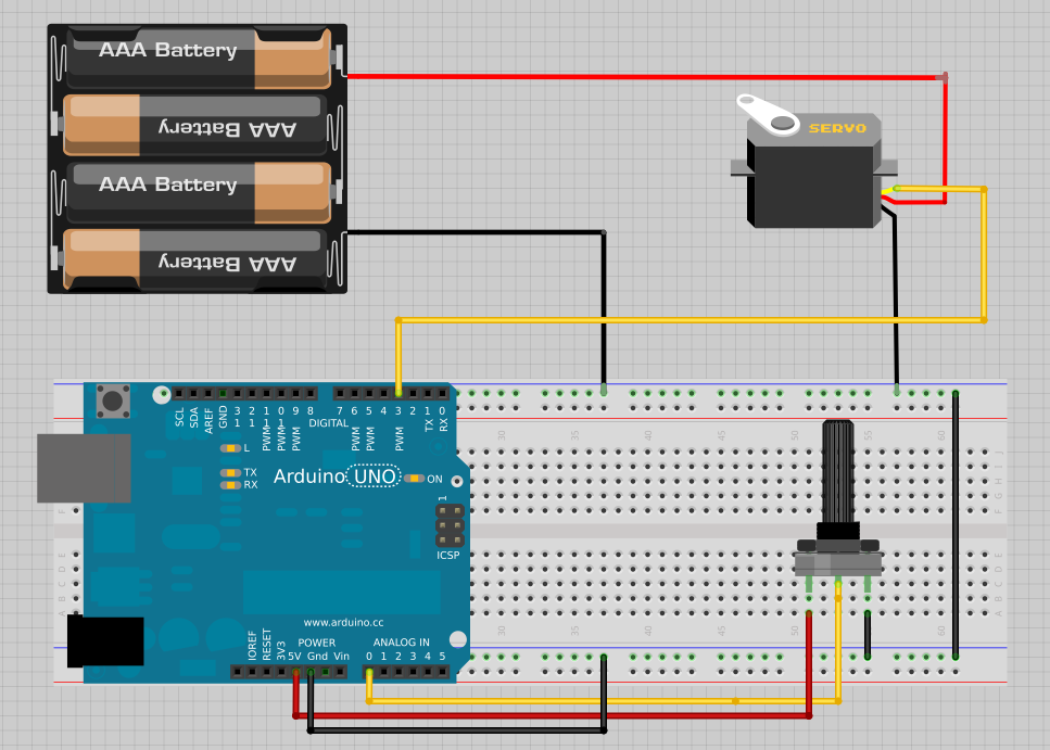 2 - Esquema de ligação do ServoMotor + Potenciômetro ao Arduino Esquema de ligação do ServoMotor + Potenciômetro ao