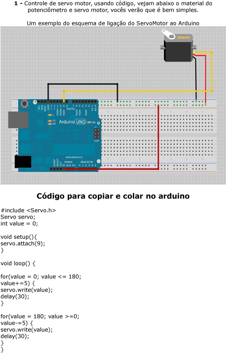 Um exemplo do esquema de ligação do ServoMotor ao Arduino Código para copiar e colar no arduino #include <Servo.