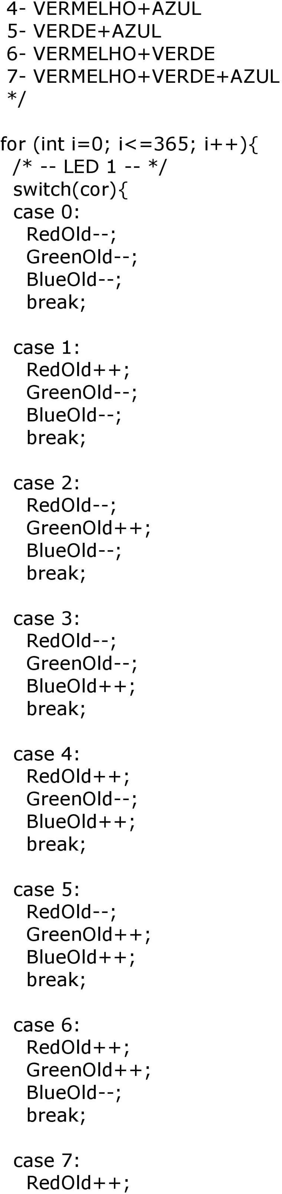 2: RedOld--; GreenOld++; BlueOld--; case 3: RedOld--; GreenOld--; BlueOld++; case 4: RedOld++; GreenOld--;