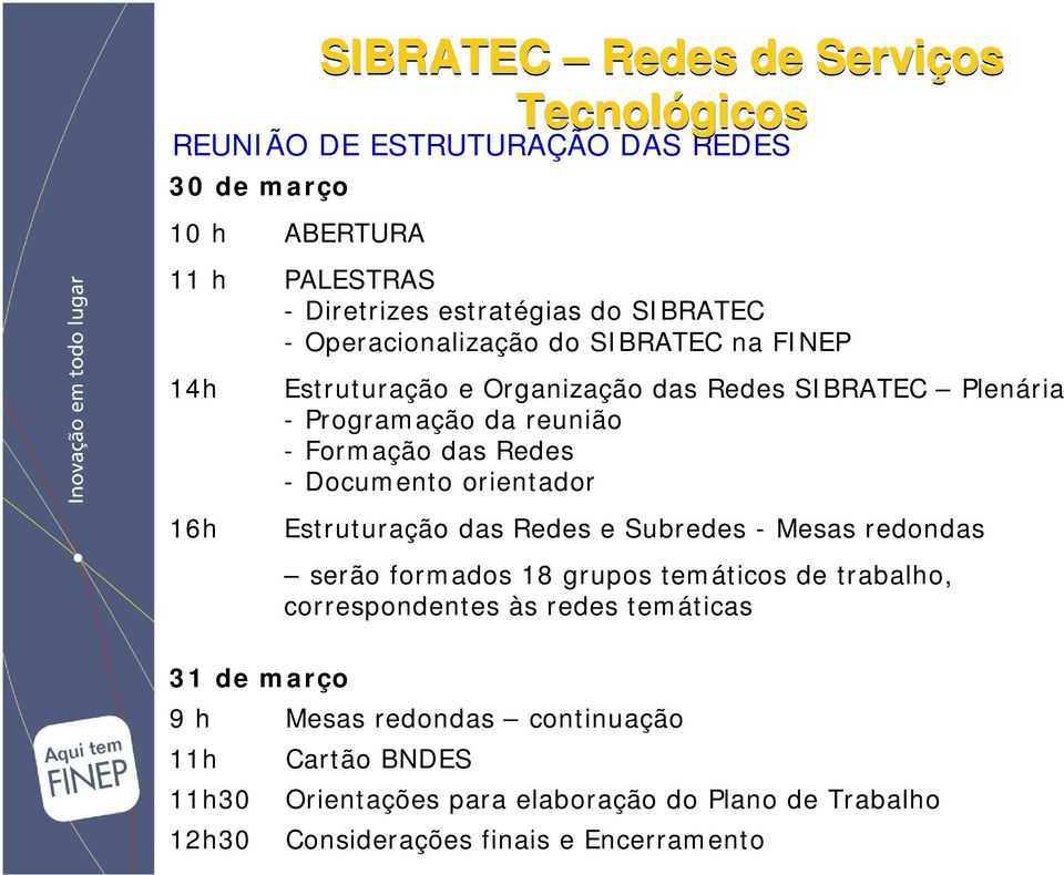 Estruturação das Redes e Subredes - Mesas redondas serão formados 18 grupos temáticos de trabalho, correspondentes às redes temáticas 9 h Mesas