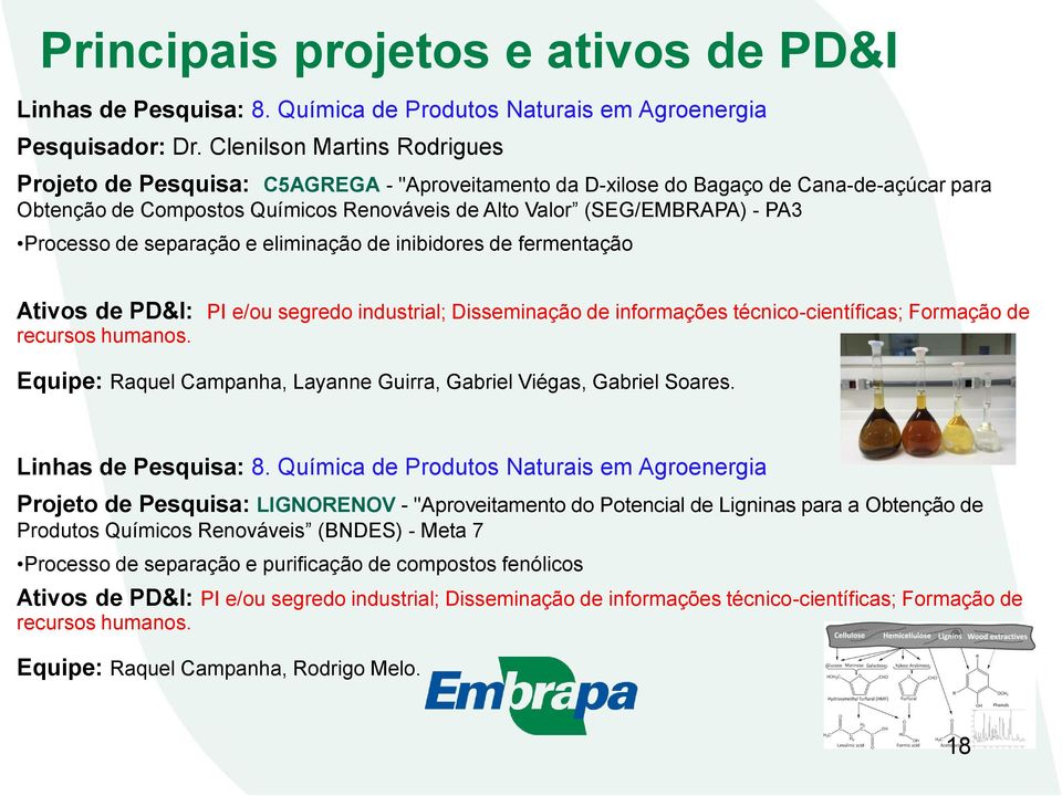 Processo de separação e eliminação de inibidores de fermentação Ativos de PD&I: PI e/ou segredo industrial; Disseminação de informações técnico-científicas; Formação de recursos humanos.