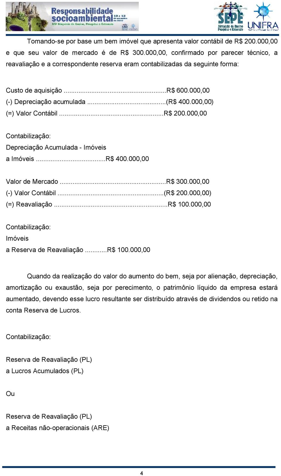 000,00) (=) Valor Contábil...R$ 200.000,00 Contabilização: Depreciação Acumulada - Imóveis a Imóveis...R$ 400.000,00 Valor de Mercado...R$ 300.000,00 (-) Valor Contábil...(R$ 200.