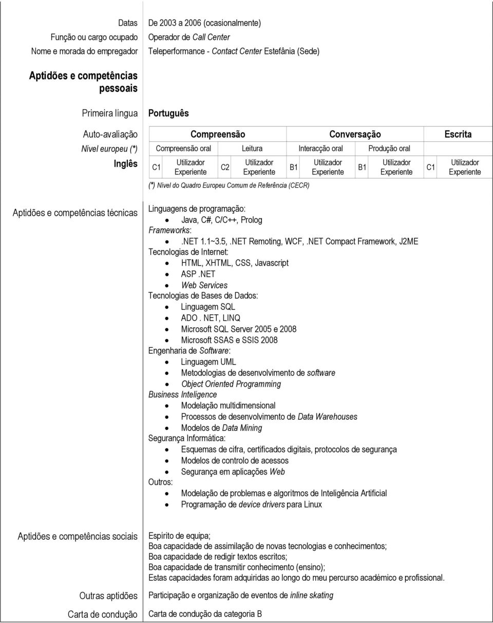 Experiente B1 (*) Nível do Quadro Europeu Comum de Referência (CECR) Utilizador Experiente B1 Utilizador Experiente C1 Utilizador Experiente Aptidões e competências técnicas Linguagens de