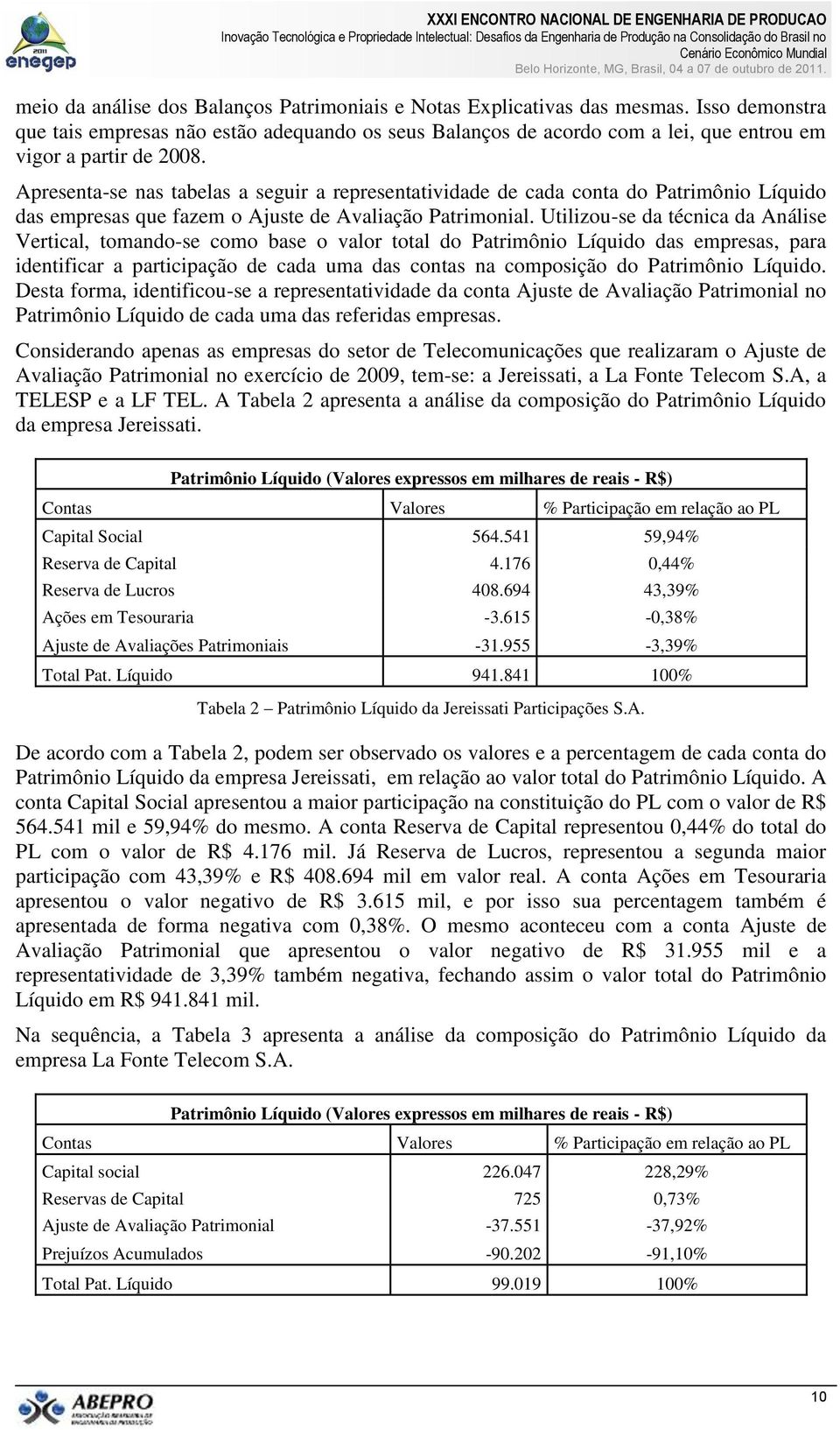 Apresenta-se nas tabelas a seguir a representatividade de cada conta do Patrimônio Líquido das empresas que fazem o Ajuste de Avaliação Patrimonial.