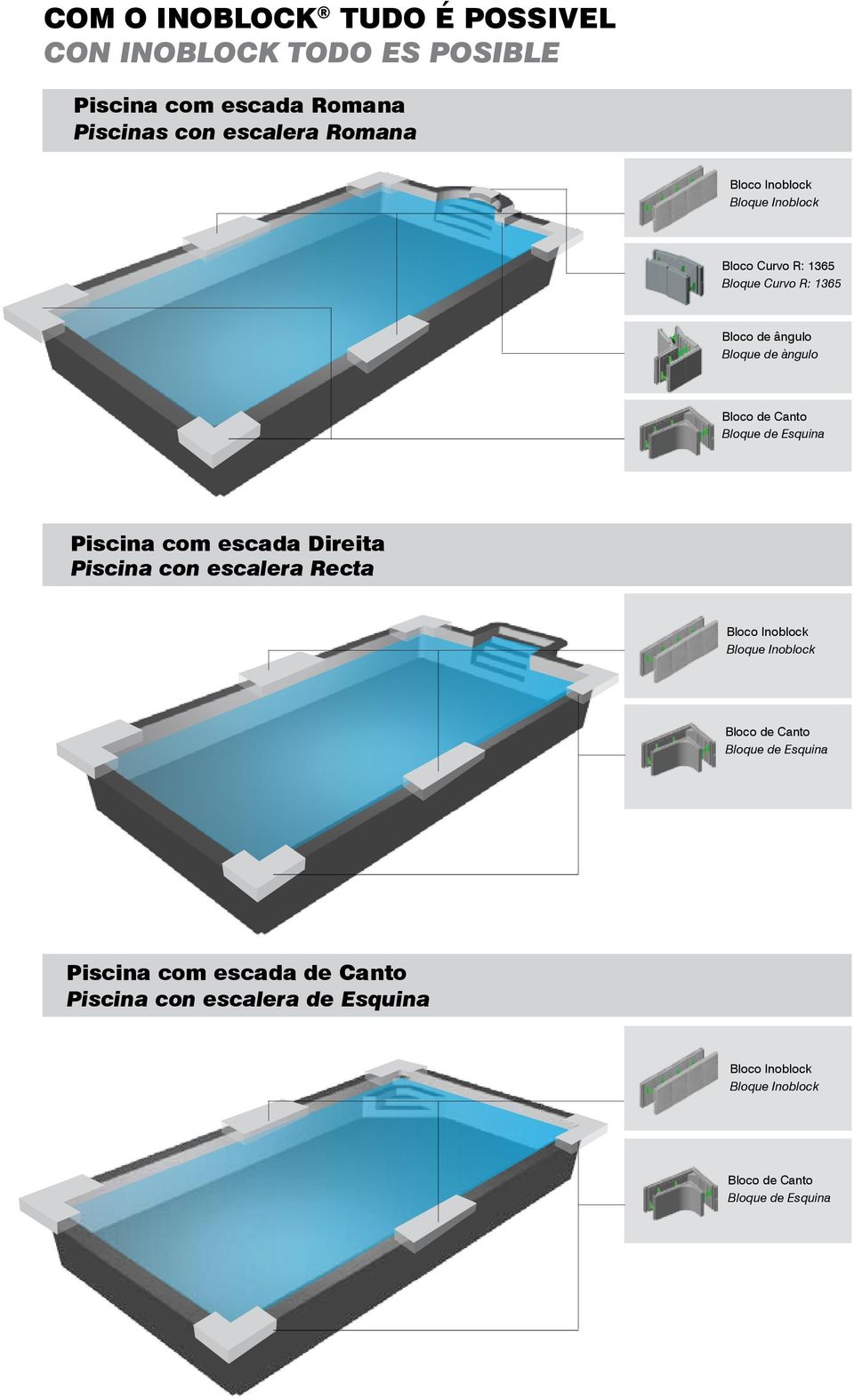 Esquina Piscina com escada Direita Piscina con escalera Recta Bloco Inoblock Bloque Inoblock Bloco de Canto Bloque de