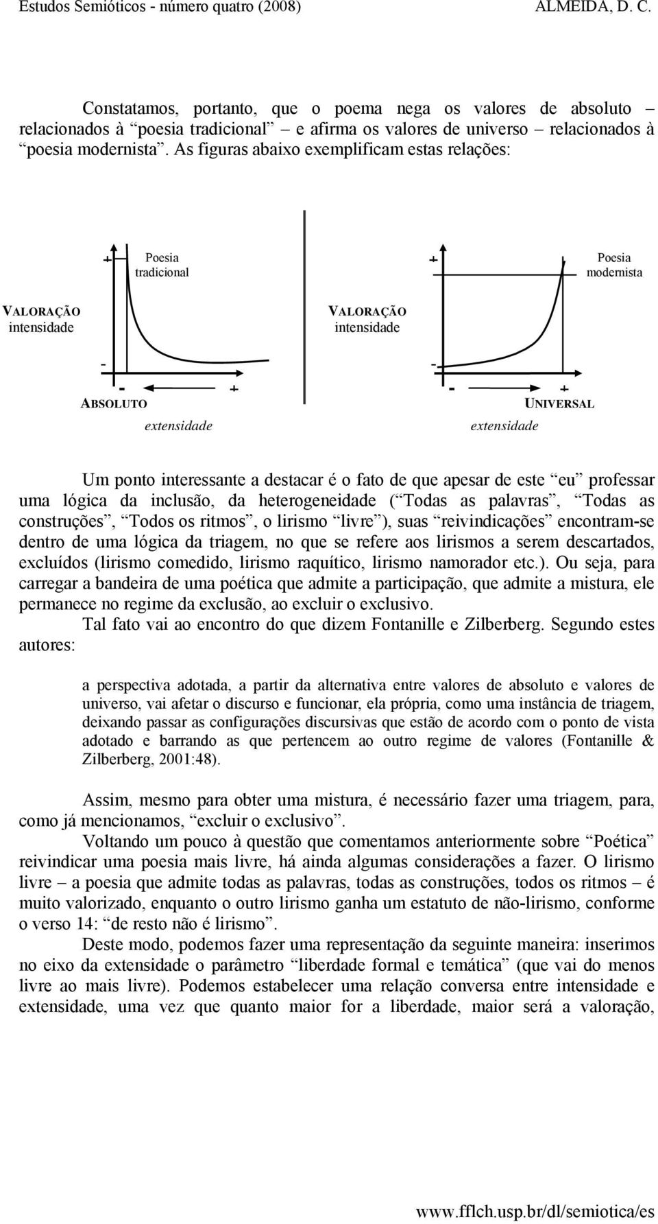 As figuras abaixo exemplificam estas relações: Poesia tradicional Poesia modernista VALORAÇÃO intensidade VALORAÇÃO intensidade ABSOLUTO extensidade UNIVERSAL extensidade Um ponto interessante a