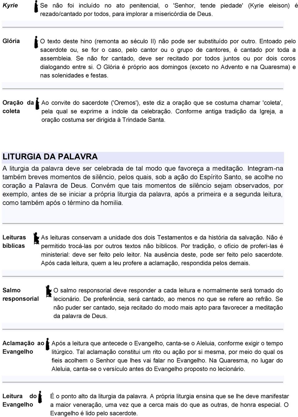 Se não for cantado, deve ser recitado por todos juntos ou por dois coros dialogando entre si. O Glória é próprio aos domingos (exceto no Advento e na Quaresma) e nas solenidades e festas.