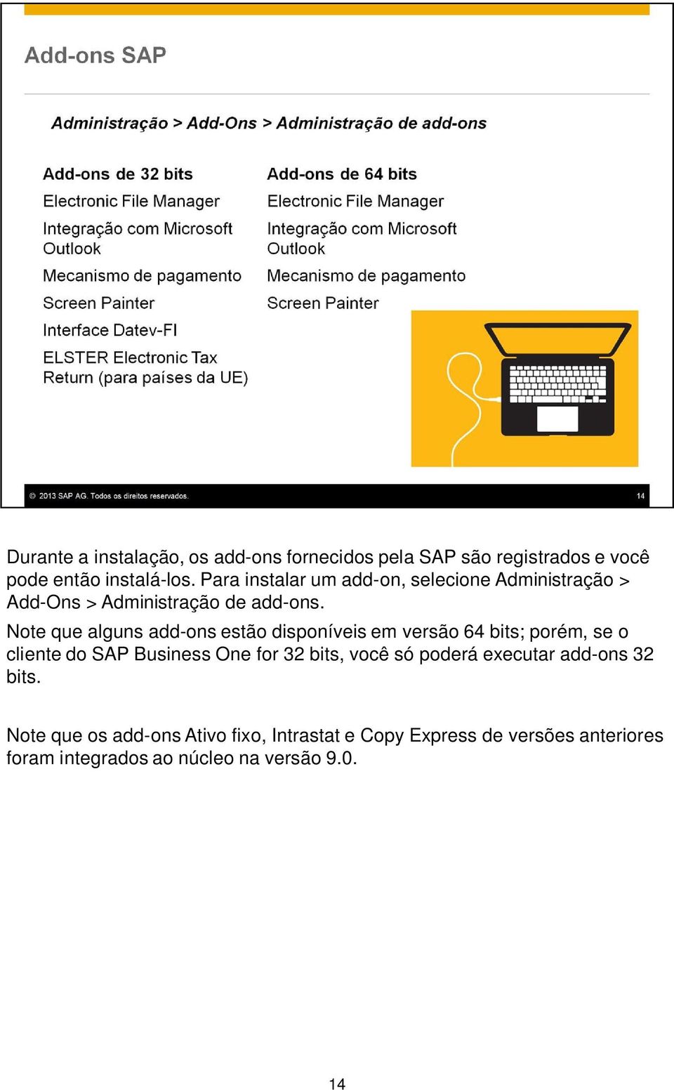 Note que alguns add-ons estão disponíveis em versão 64 bits; porém, se o cliente do SAP Business One for 32 bits,