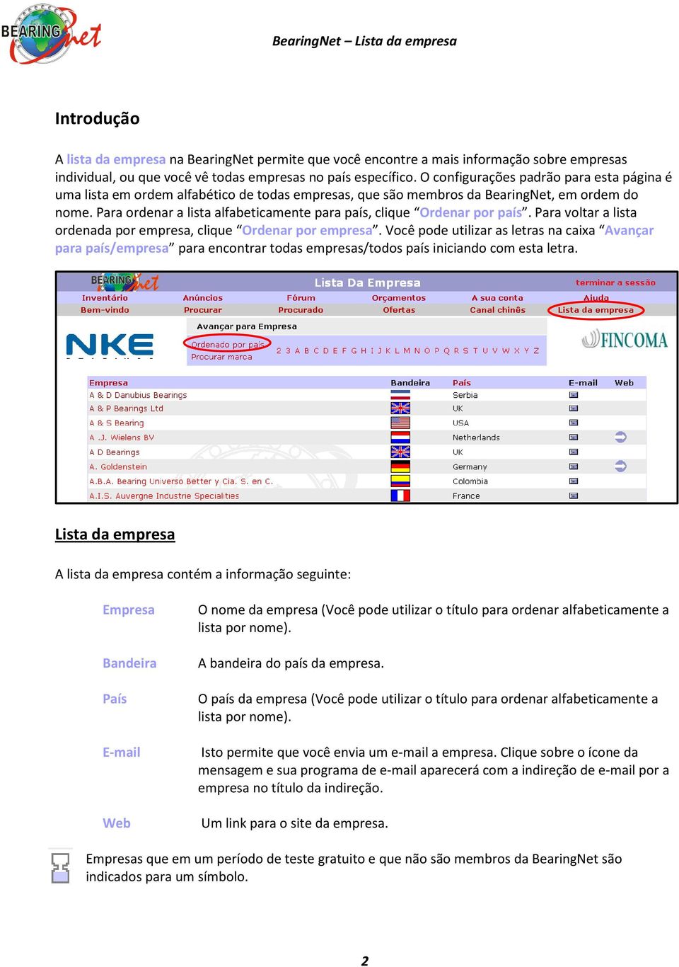 Para ordenar a lista alfabeticamente para país, clique Ordenar por país. Para voltar a lista ordenada por empresa, clique Ordenar por empresa.