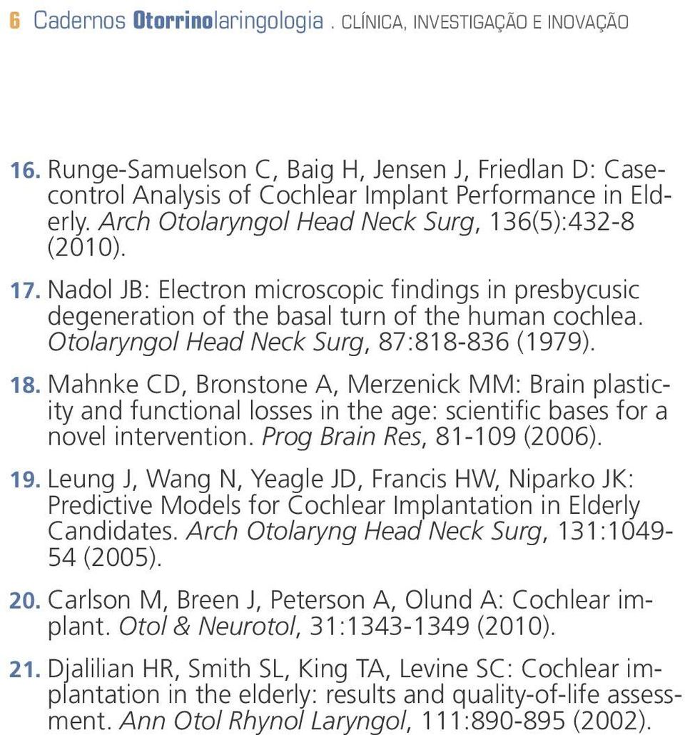 Otolaryngol Head Neck Surg, 87:818-836 (1979). 18. Mahnke CD, Bronstone A, Merzenick MM: Brain plasticity and functional losses in the age: scientific bases for a novel intervention.